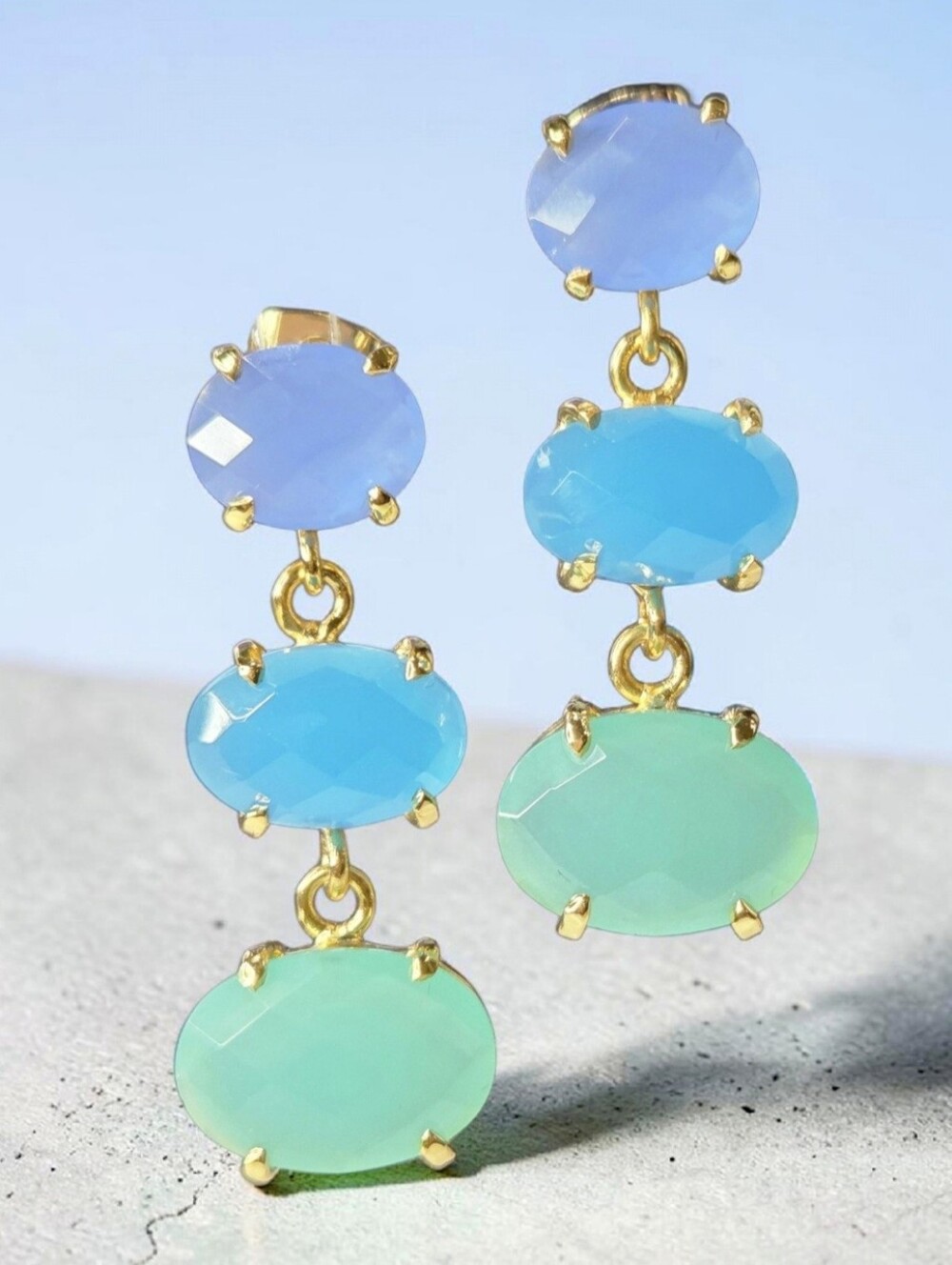 18k Gold Plated Artisan Genuine Blue Chalcedony Gemstone Dangle Earrings